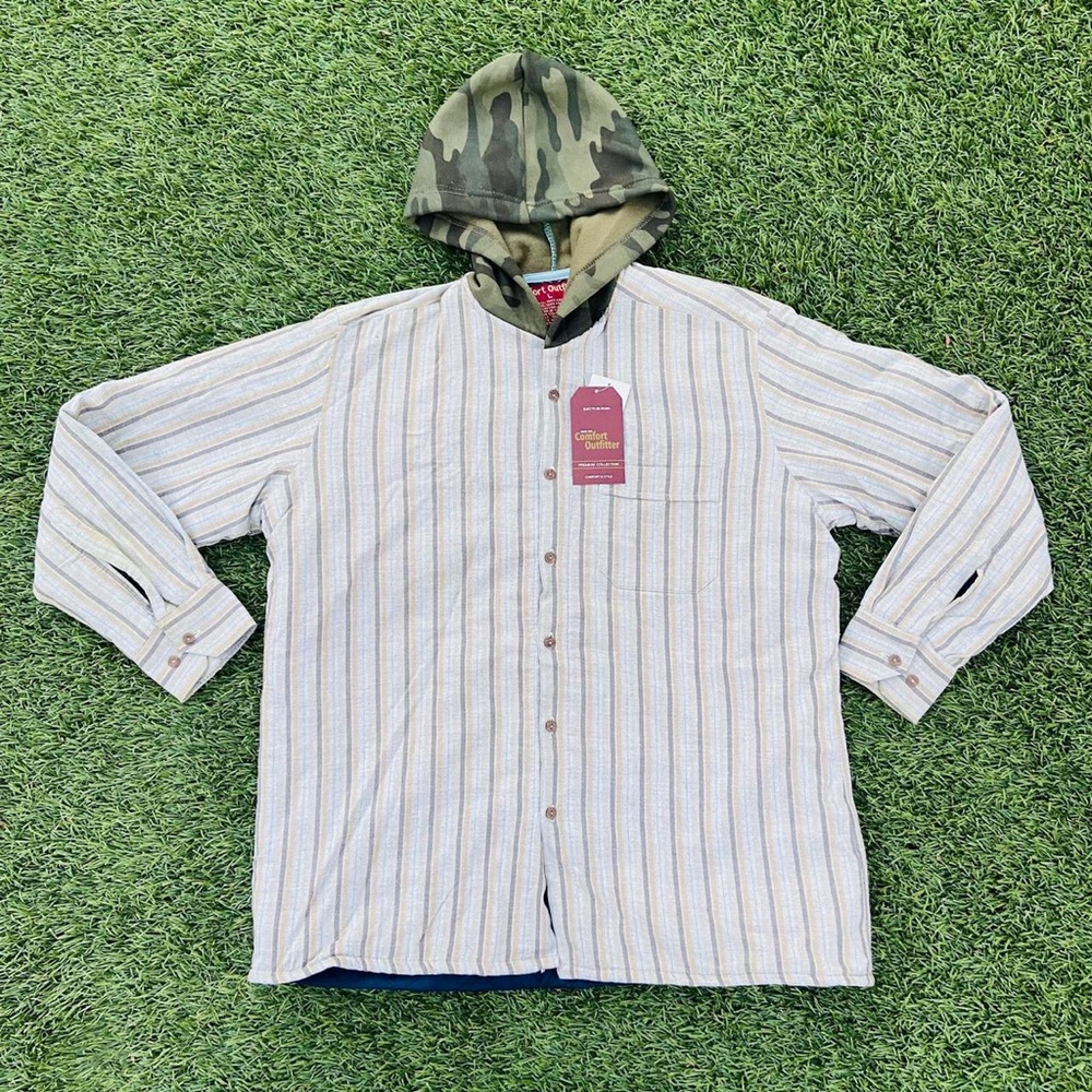 Vintage 90s Comfort Outfitter Stripe Long Sleeve Button Up Jacket With Camo Hood